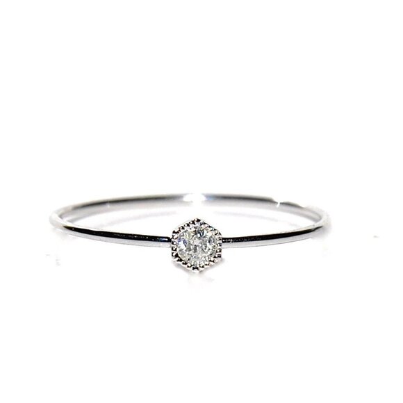 18K White Gold Hexagonal Diamond Petite Solitaire Stack Ring - Picture 3 of 6